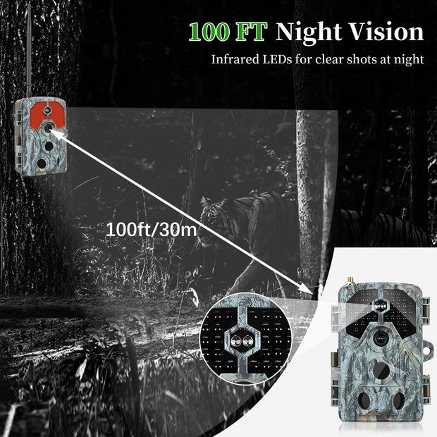 Blazevideo A106W 4K WIFI 64MP Caméra de surveillance 100ft Vision nocturne activée par le mouvement, vitesse de déclenchement de 0,1 seconde, sans lueur, étanche, pour l'observation de la faune et la sécurité du jardin