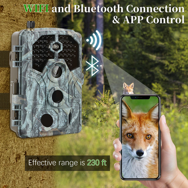 Blazevideo A106W 4K WIFI 64MP Caméra de surveillance 100ft Vision nocturne activée par le mouvement, vitesse de déclenchement de 0,1 seconde, sans lueur, étanche, pour l'observation de la faune et la sécurité du jardin