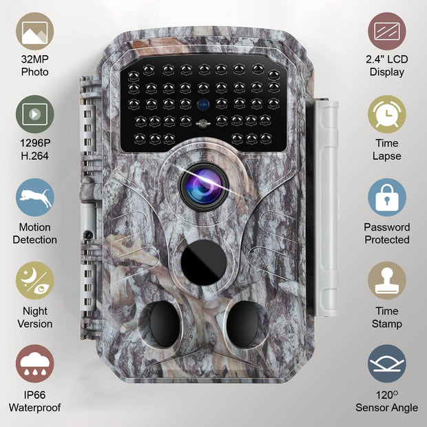Caméra et Moniteurs de Chasse 1296P Vidéo & 32MP Photo avec 100ft Vision Nocturne Mouvement Activé 0.1s Vitesse de Déclenchement Lmperméable à L'eau Pour Sécurité Domestique, Repérage de La Faune en Extérieur | T306 Gris