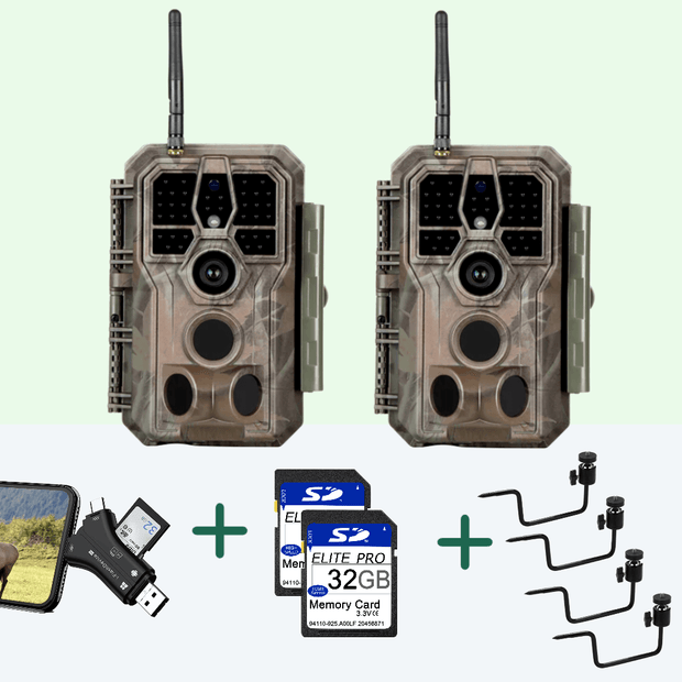 Pack x2 Caméras Piege Photographique Nocturne WiFi Bluetooth, 32MP HD 1296P|A280W + x2 cartes SD 32Go + x2 Spports de Fixation et un Lecteur Carte SD