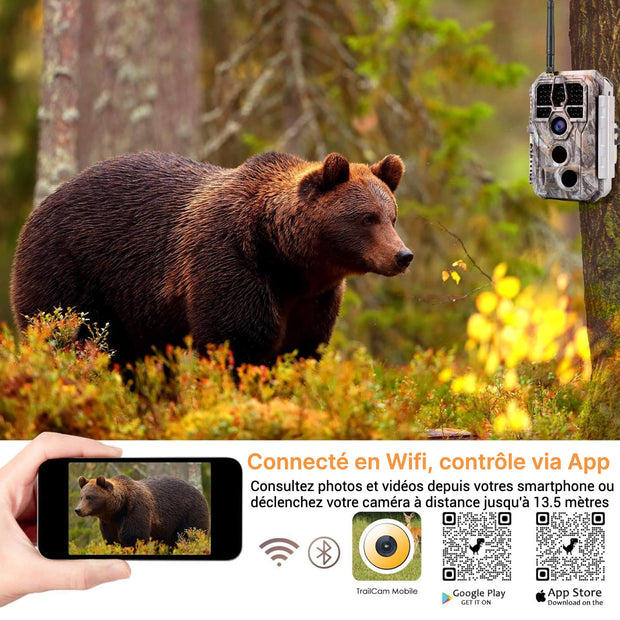 Caméra de Chasse WiFi, 32MP HD 1296P,0.1S Temps de Déclenchement,No Glow LED Infrarouge et IP66 Étanche| A280W+ cartes SD 32Go et lecteur carte SD