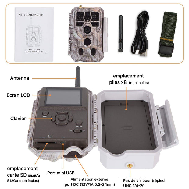 Caméra de Chasse WiFi Bluetooth, 32MP HD 1296P et Vision Nocturne,0.1S Temps de Déclenchement,No Glow LED Infrarouge et IP66 Étanche|A280W Marron