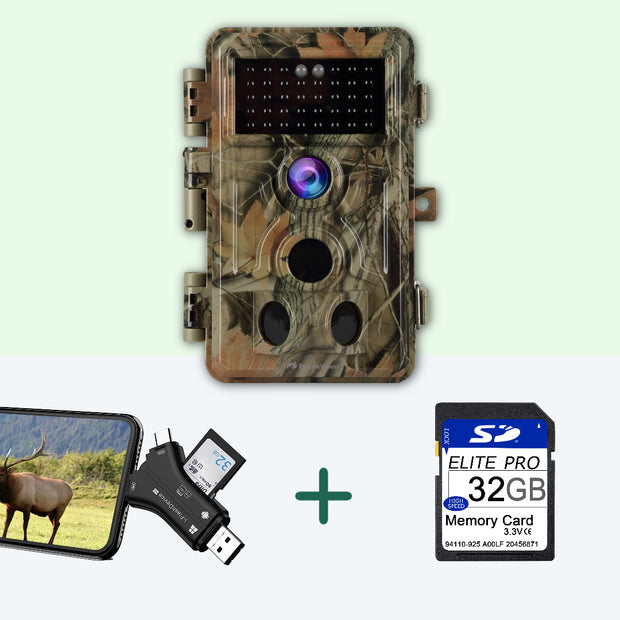 Caméra de Chasse 32MP HD 1296P et Nocturne Vision,0,1s Vitesse de Dclenchement IP66 Étanche, carte SD 32Go et lecteur carte SD|A262 Vert