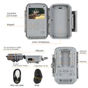 Pack x2 Photo 32MP Vidéo Full HD 4K 2160P Caméras de Chasse avec Audio et Détecteur de mouvement Vision nocturne Distance max. Distance jusqu'à 100ft, vitesse de déclenchement 0.1s, IP66 Étanche | T326 Gris