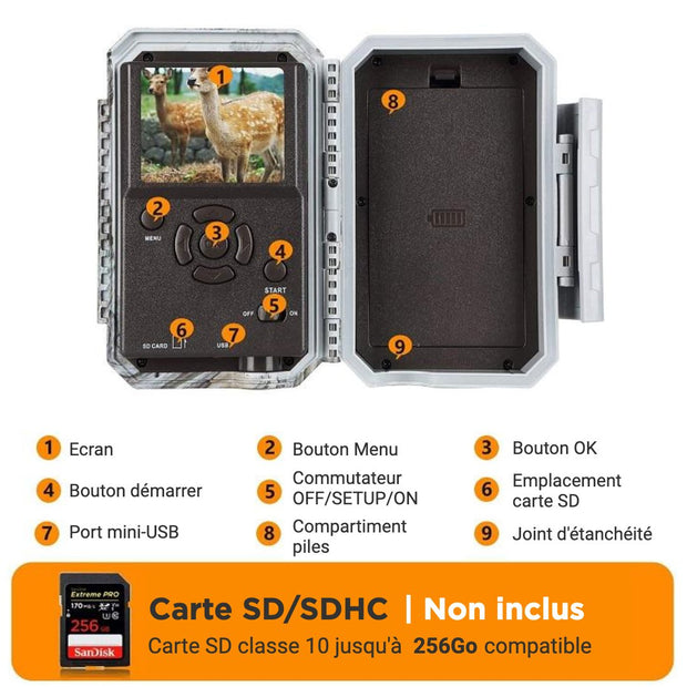 Caméra de Chasse WiFi Bluetooth,32MP HD 1296P,Détection de Mouvement 110°PIR, Protection de Mot de Passe et IP66 Étanche|W600 Gris+ carte SD 32Go
