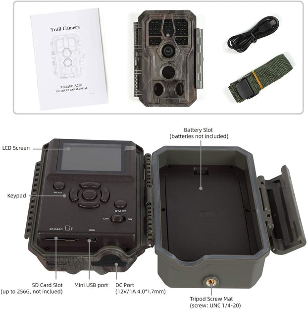 Pack x4 Caméras de Chasse, 32MP 1296P avec Son et Vision Nocturne, IP66 Étanche et No Glow LED Infrarouge, Activé par Le Mouvement|A280 Gris foncé